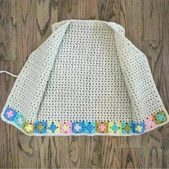 Crochet Cream and Multicolor Granny Square Tie Front with Tassle Wool Boho Vest - Picture 11 of 15